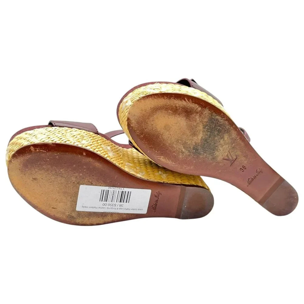 Louis Vuitton Raffia Logo & Burgundy Leather Platform Wedge Sandals - Picture 10 of 10